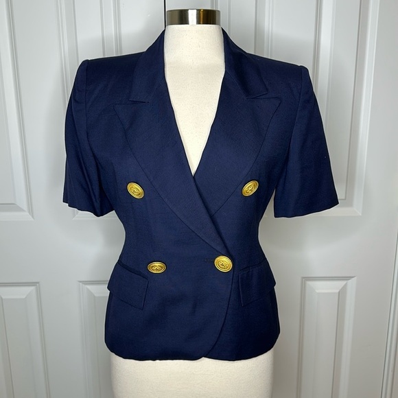 Christian Dior Vintage Navy Short Sleeve Cropped Blazer Gold Buttons - Picture 1 of 14